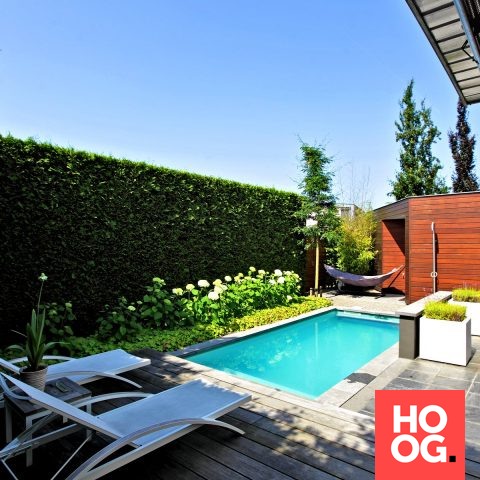 Strakke kleine tuin met zwembad en veranda